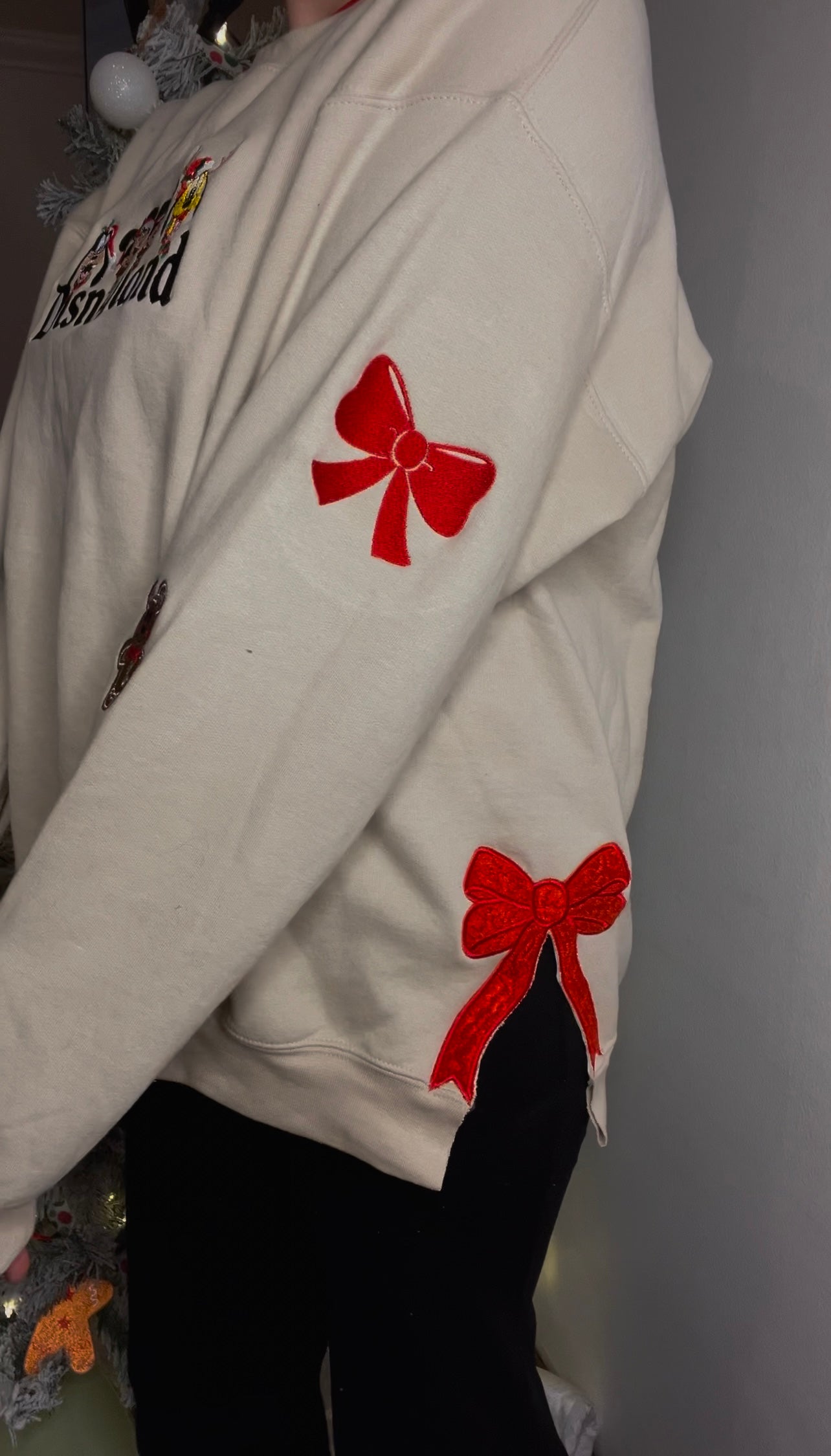 Christmas Disney inspired personalized embroidered sweatshirt both sleeves embroidered and both sides with appliqué bows trendy sweater