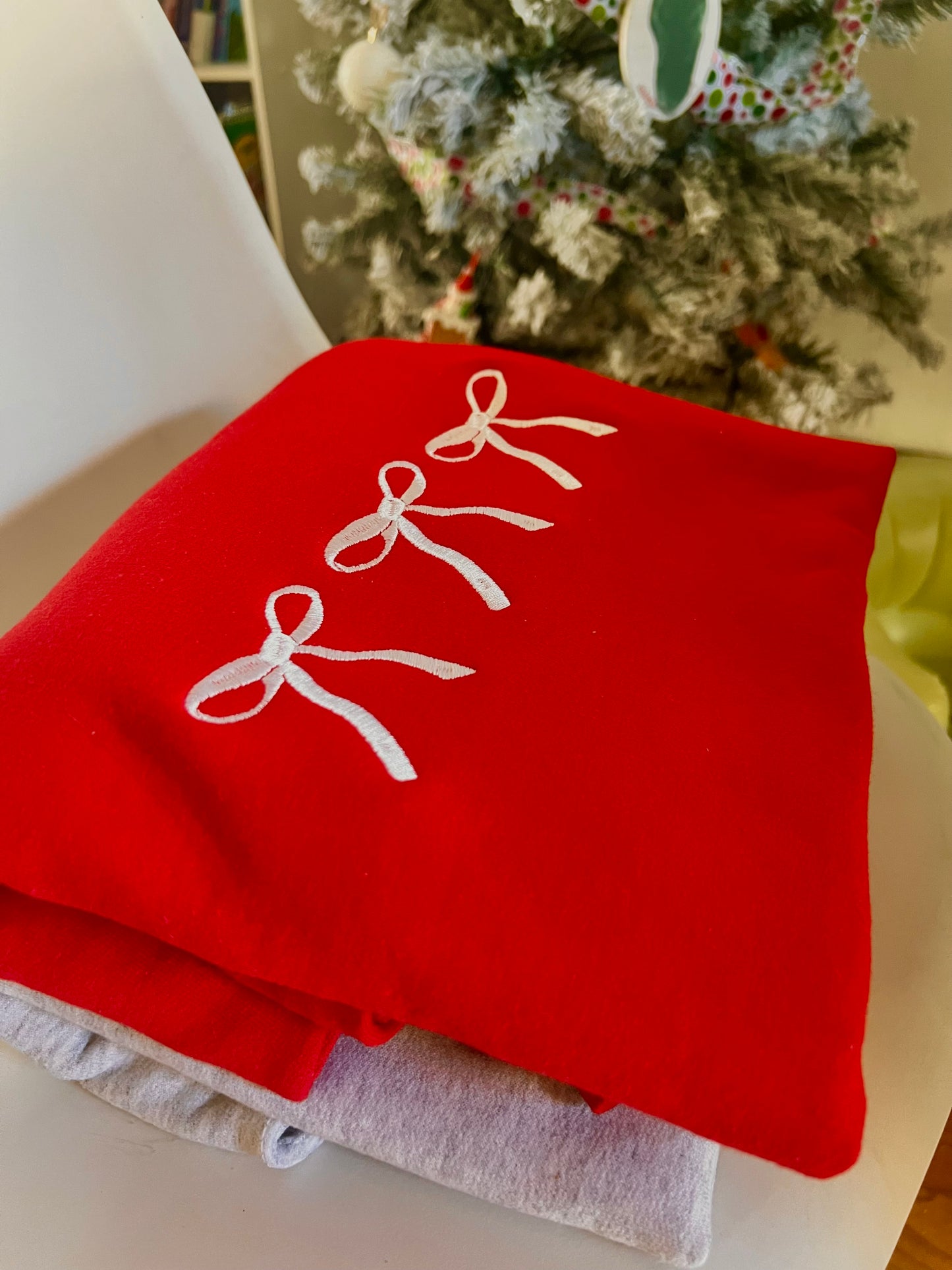 Coquette Christmas bow embroidered sweatshirt, holiday gift crewneck sweater embroidery