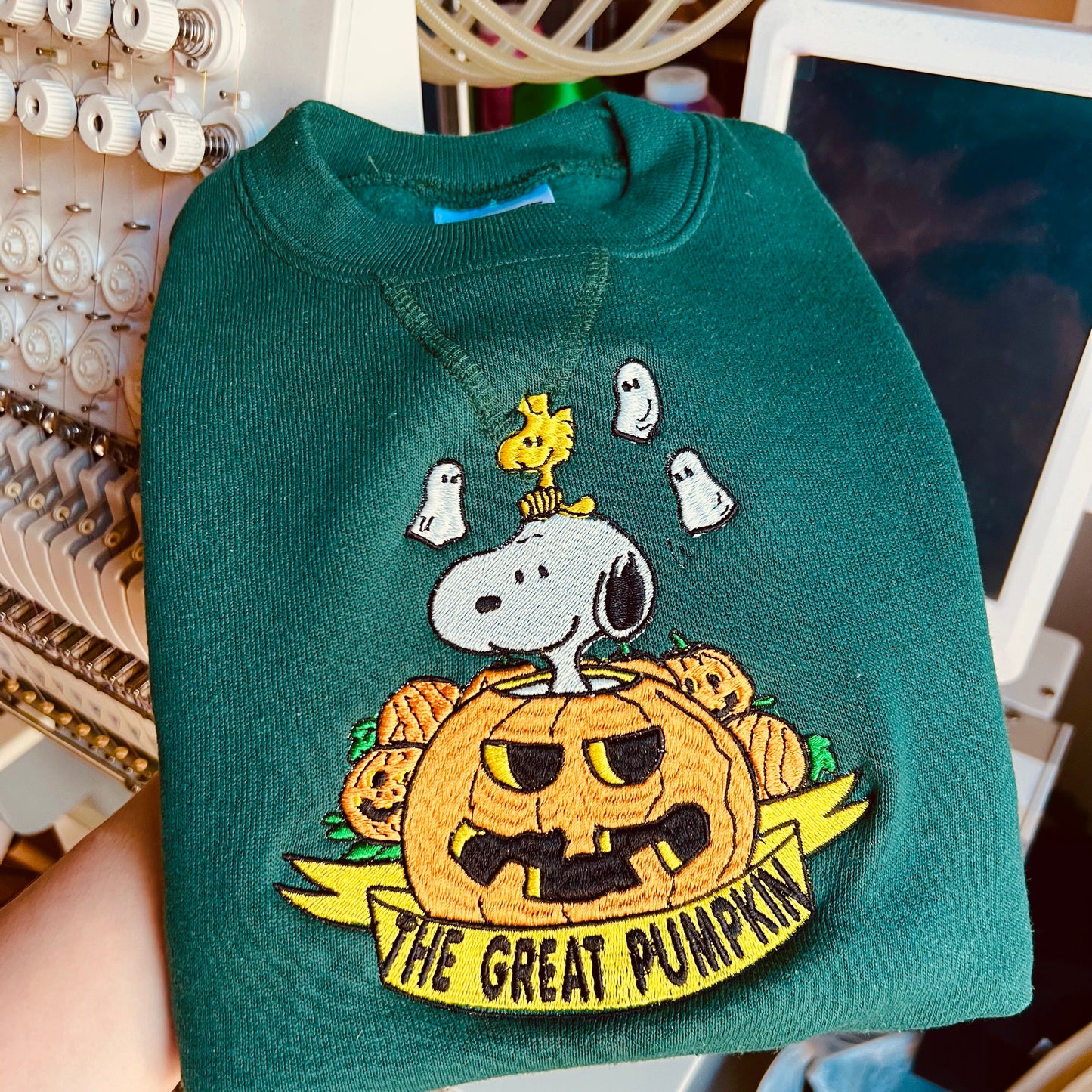 Spooky great big pumpkin snoopy embroidered glows in the dark sweatshirt personalized adult and toddler size