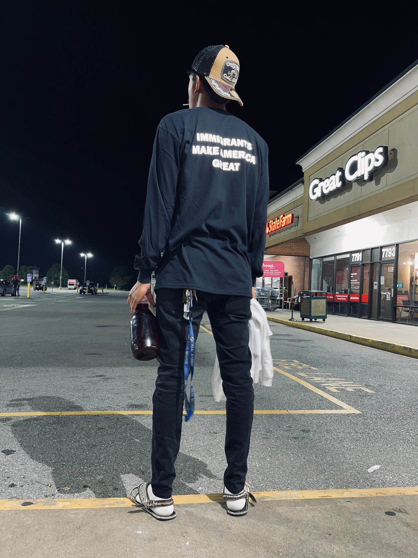 Immigrants make America great reflective long sleeve t-shirt, front embroidery crewneck