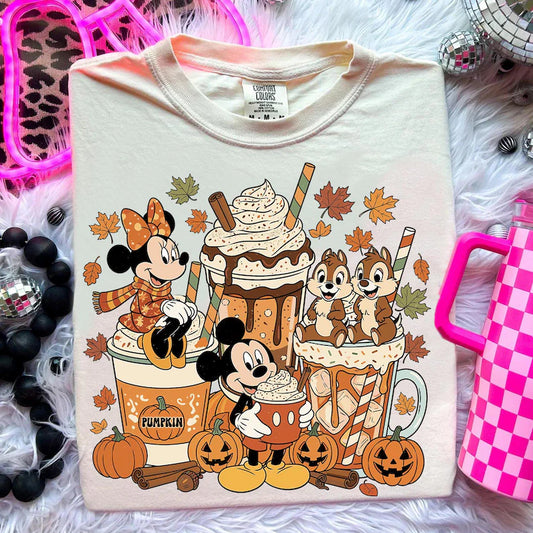 Mickey Minnie inspired coffee autumn printed tshirt