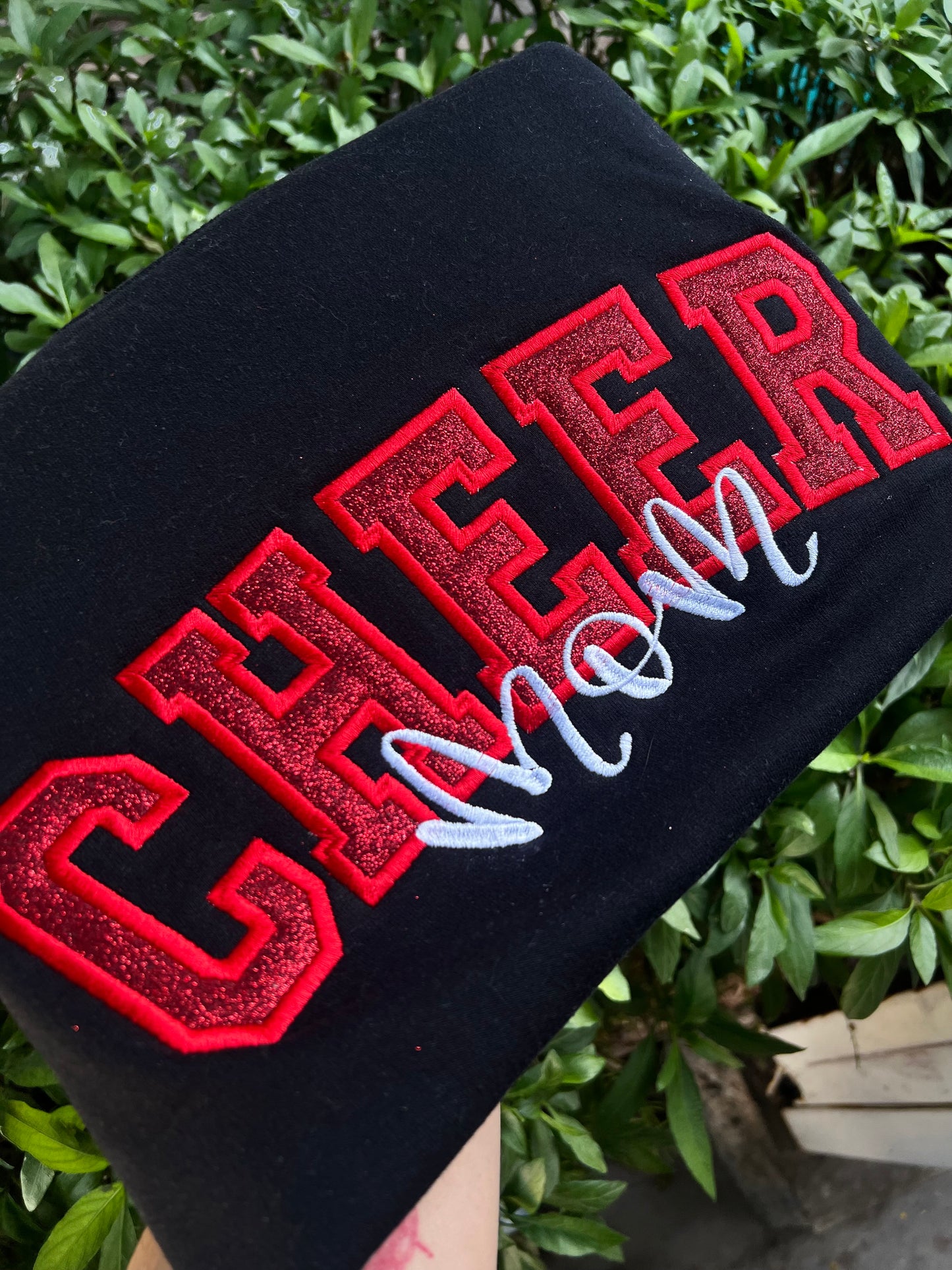 Cheer Mom glitter appliqué sweatshirt crewneck glittery embroidered cheer mom sweater