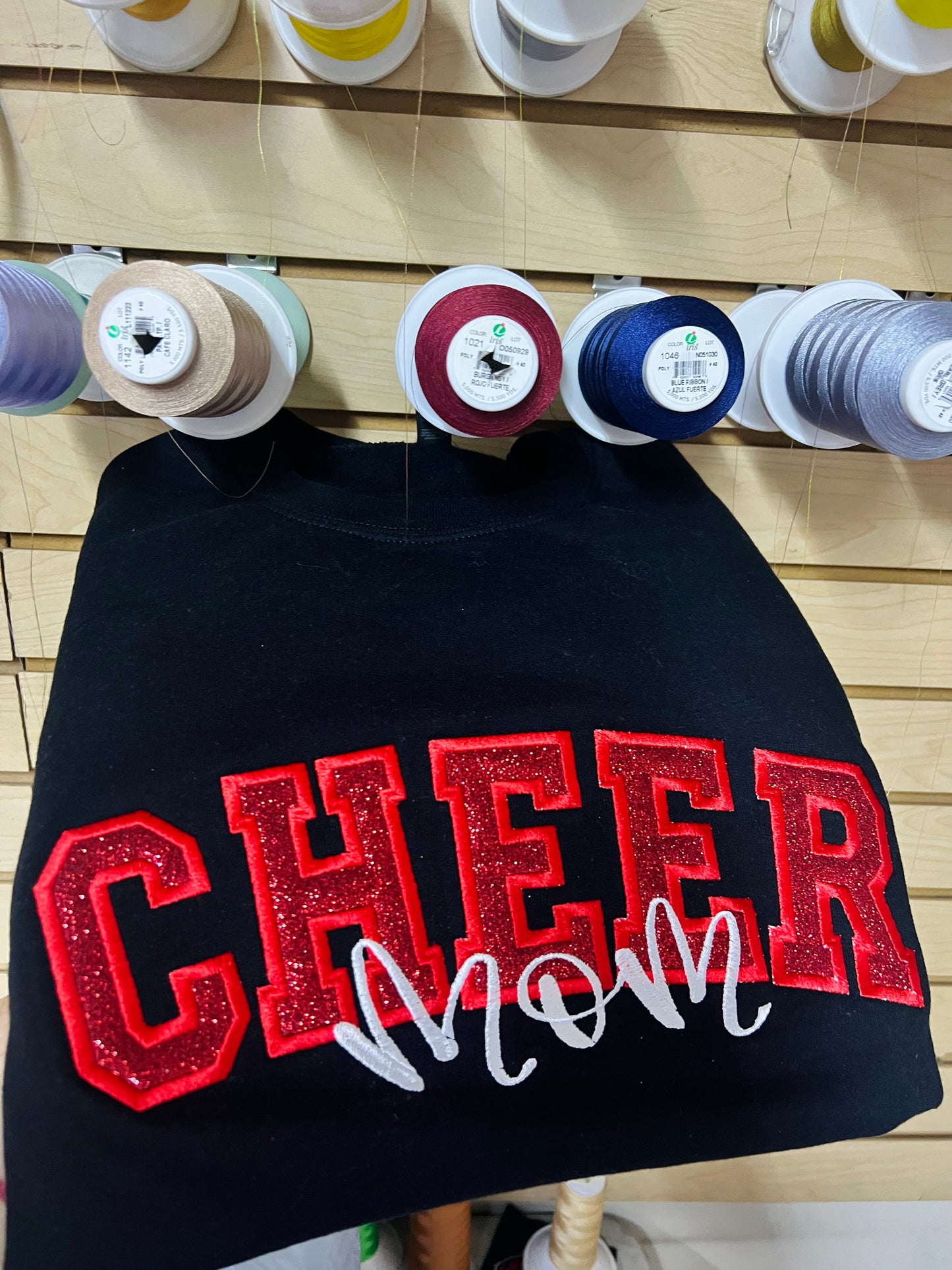 Cheer Mom glitter appliqué sweatshirt crewneck glittery embroidered cheer mom sweater