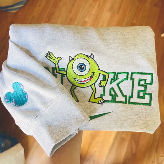 Mike wazowski embroidered sweatshirt, sleeve embroidered with sully monsters inc inspired sweater