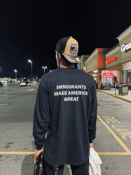 Immigrants make America great reflective long sleeve t-shirt, front embroidery crewneck