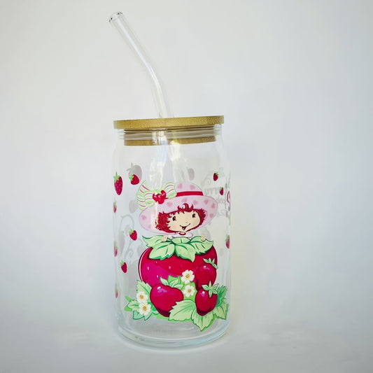 Strawberry shortcake glass cup with bamboo lid and glass straw 90s vintage inspired